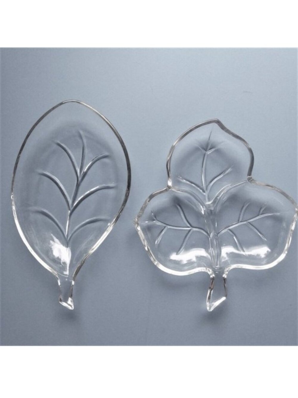 Glass Dish Candy Trinket VTG 2 Clear Leaf 3 Part Divided Bowl Nuts Server Retro